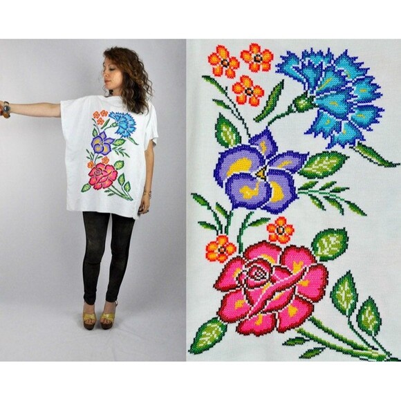 Mexican Embroidered Oversized Blouse Cross Stitches Blouse Back & Front Boho - Picture 2 of 5